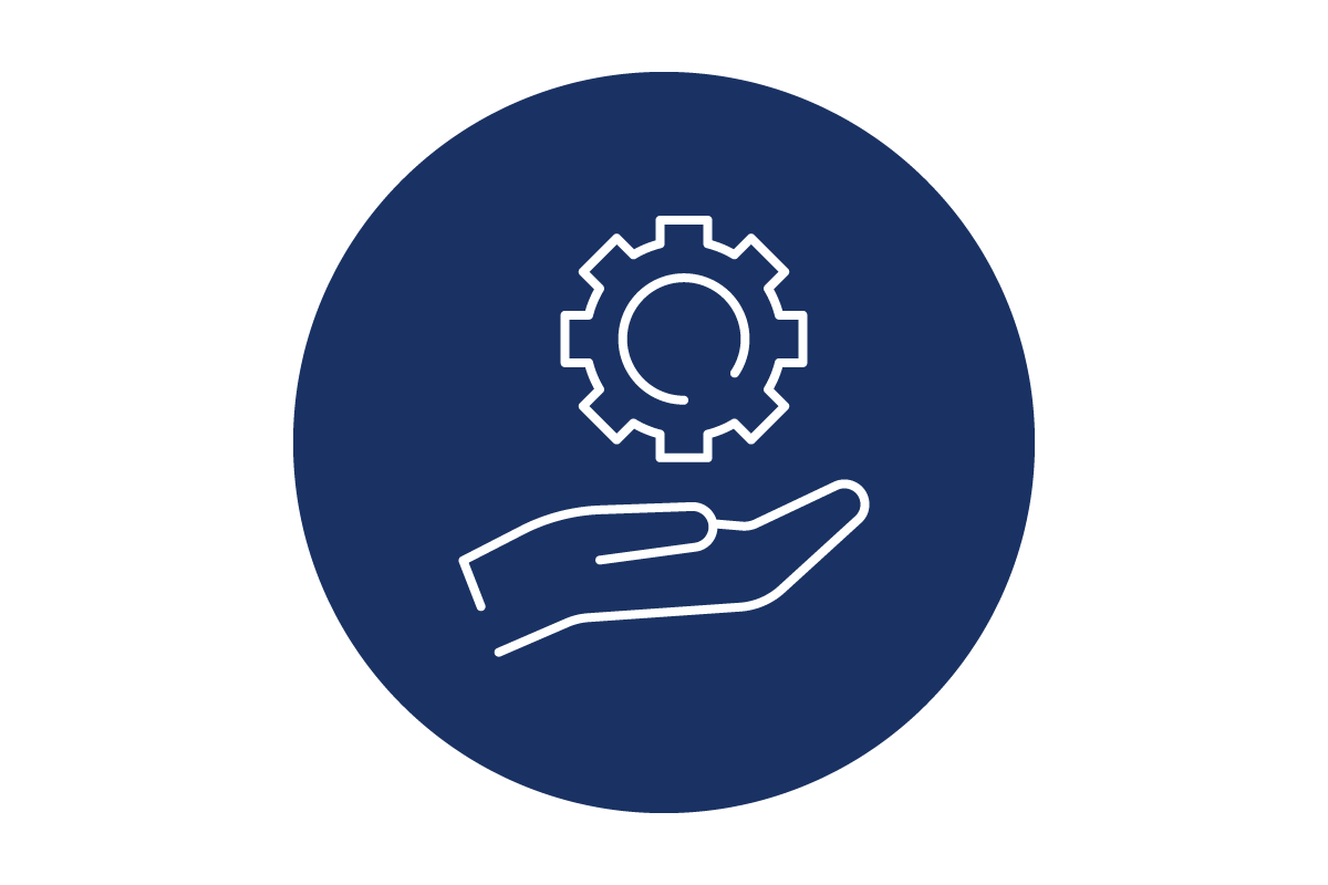 Dunkelblaues Icon: Eine geöffnete Hand, über der ein Zahnrad schwebt. Symbolisiert technische Dienstleistungen, zuverlässige Wartung und Service.
