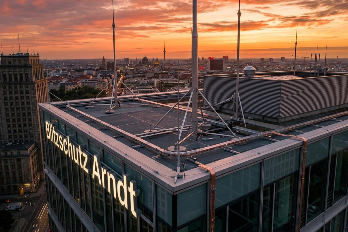 Referenzprojekt von Blitzschutz Arndt in Berlin: Eine professionell installierte Blitzschutzanlage auf dem Flachdach eines modernen Bürogebäudes vor der Kulisse des Berliner Fernsehturms bei Sonnenuntergang.
