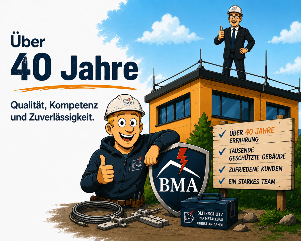 Cartoon-Illustration der Firma BMA Blitzschutz und Metallbau Christian Arndt: Ein Handwerker und ein Geschäftsmann zeigen einen Daumen hoch für über 40 Jahre Erfahrung, Qualität und Zuverlässigkeit.