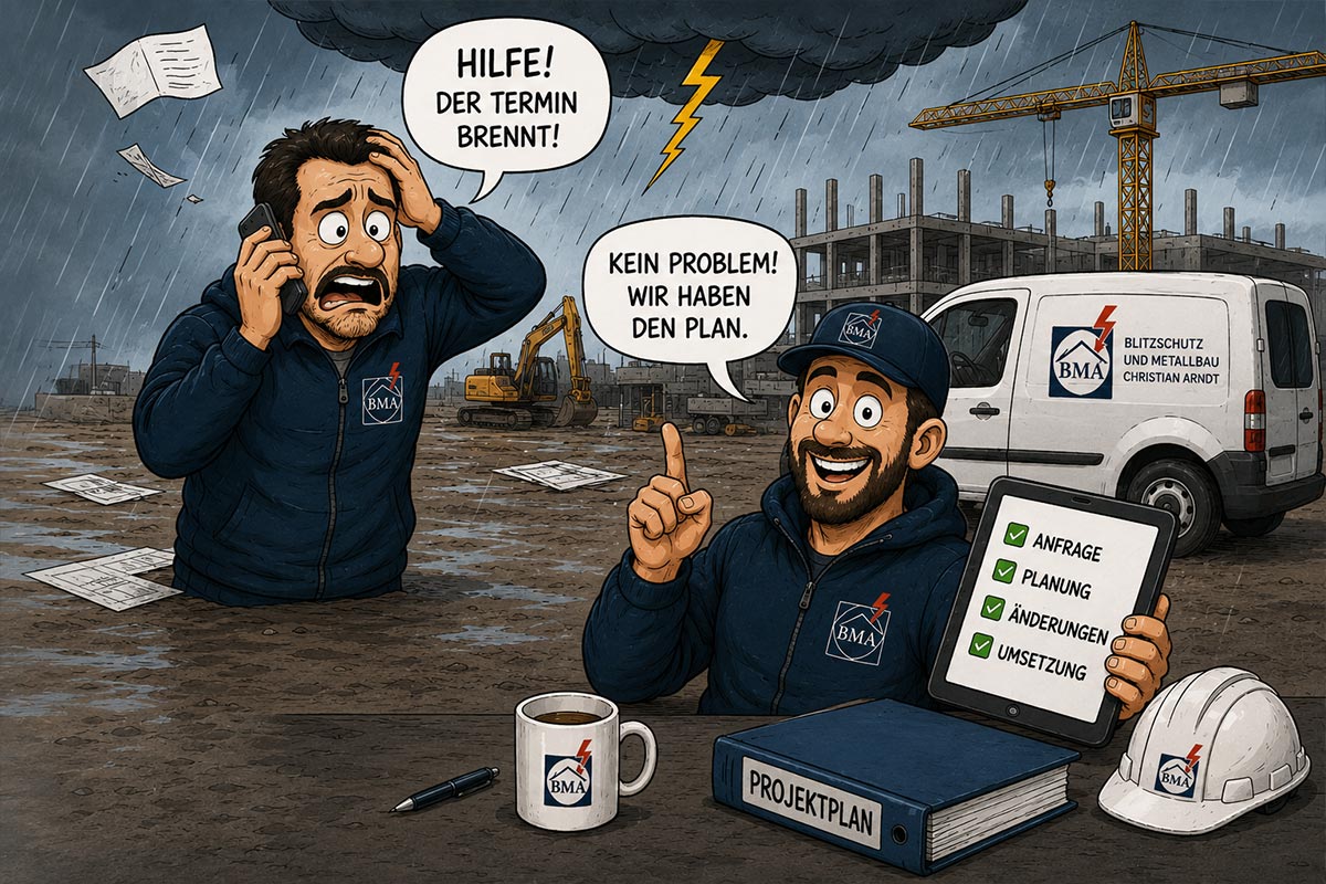 Cartoon-Illustration von BMA Blitzschutz: Ein gestresster Bauleiter in Zeitnot wird von einem gelassenen BMA-Mitarbeiter beruhigt, der einen klaren, digitalen Projektplan für die Umsetzung der Blitzschutzanlage präsentiert.