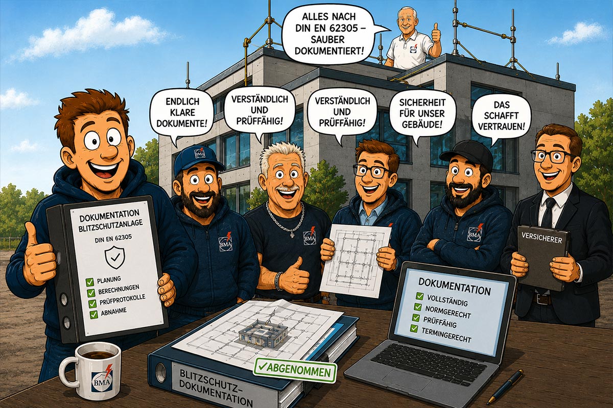 BMA Blitzschutz Team präsentiert eine vollständige, normgerechte Dokumentation von Blitzschutzanlagen nach DIN EN 62305. Zufriedene Prüfer und Versicherer bestätigen die prüffähigen Unterlagen und Abnahmeprotokolle.<br />
