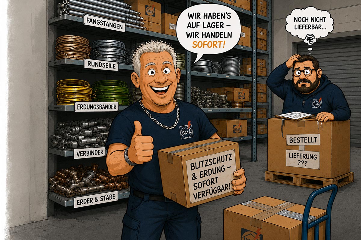 Lager für Blitzschutz und Erdung von BMA: Ein fröhlicher Mitarbeiter zeigt die sofortige Verfügbarkeit von Material wie Fangstangen und Erdungsbändern, während die Konkurrenz auf Lieferungen wartet.
