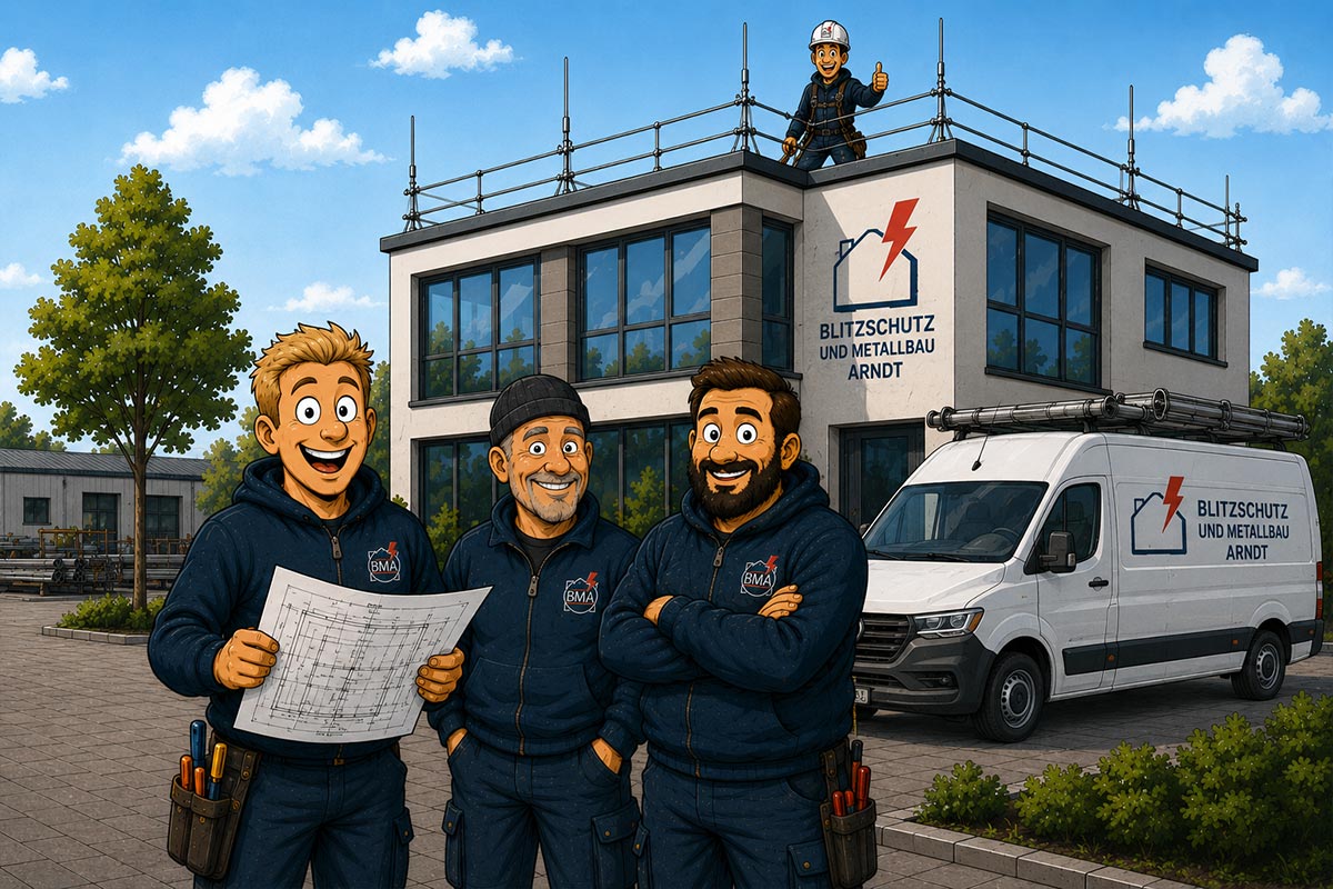 Cartoon-Illustration der Leistungen von BMA Blitzschutz: Ein Blitz wird sicher von einem Gewerbegebäude in die Erde abgeleitet, während ein zufriedenes Team aus Bauleiter, Handwerker und Kunde die erfolgreiche Umsetzung betrachtet.