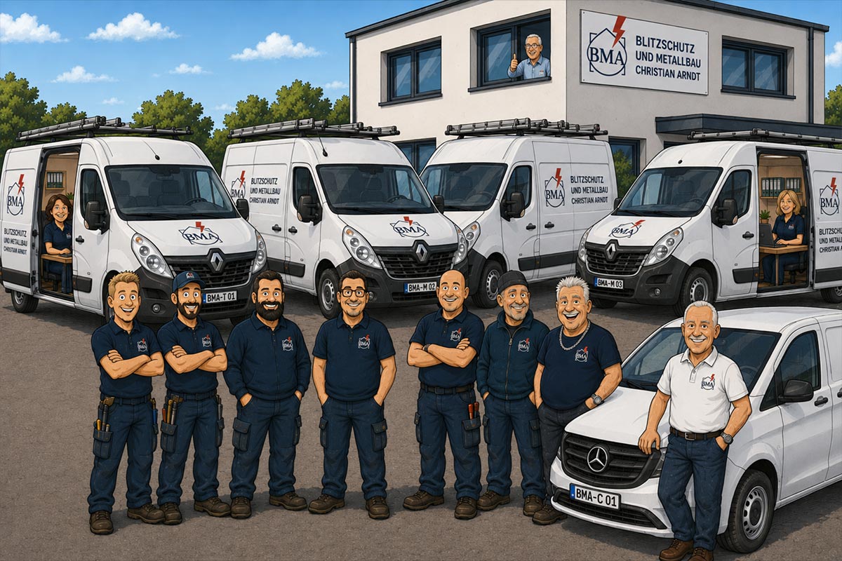 BMA_team_cartoon Cartoon-Illustration des starken Teams von BMA Blitzschutz und Metallbau Christian Arndt: Die lächelnden Mitarbeiter stehen stolz vor ihrer großen Flotte an Montagefahrzeugen und der Firmenzentrale.